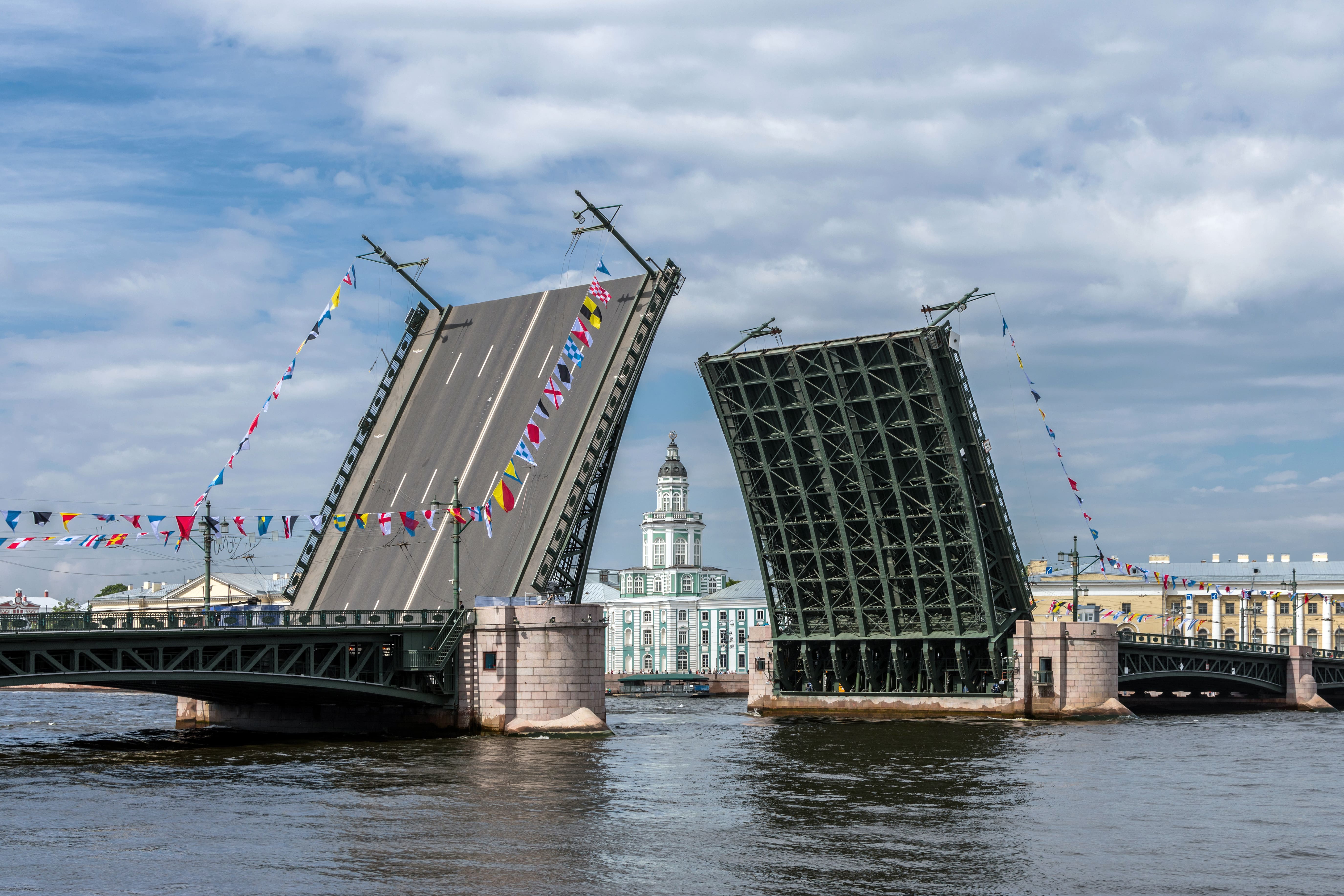 Разведенный мост и здание Кунсткамеры на противоположном берегу.