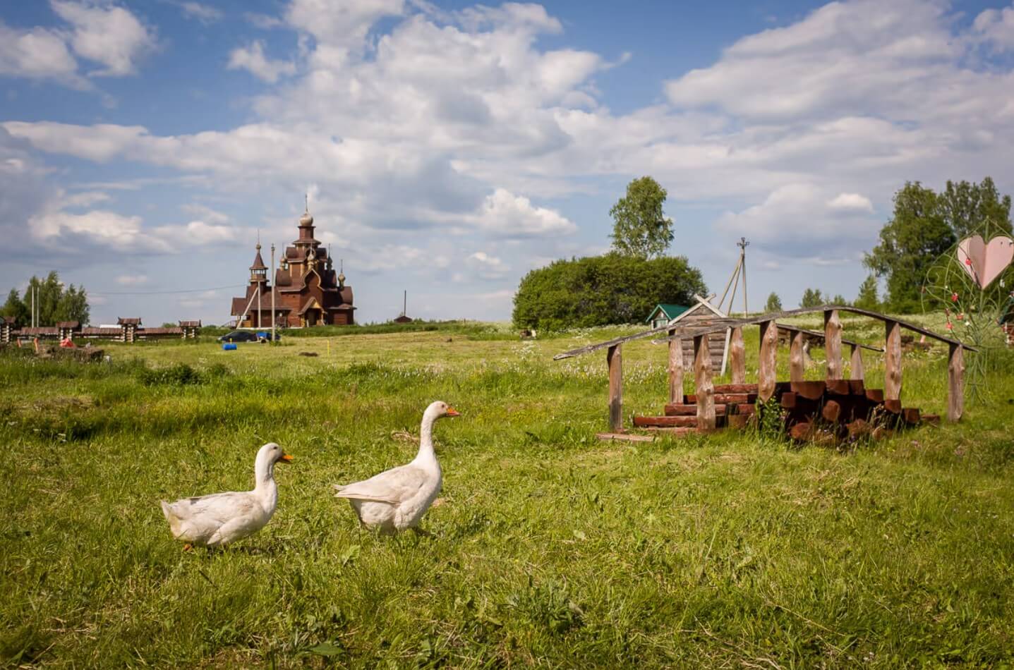 Гуси, декоративный мостик, деревянная церковь в дали.